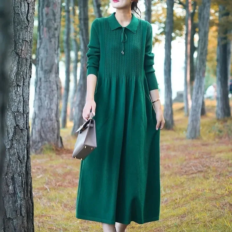 Winter New Woolen Dress Women\'s Long Polo Neck Loose Over Knee Dress Versatile Western Style Knitwear Bottom Long Dress L687