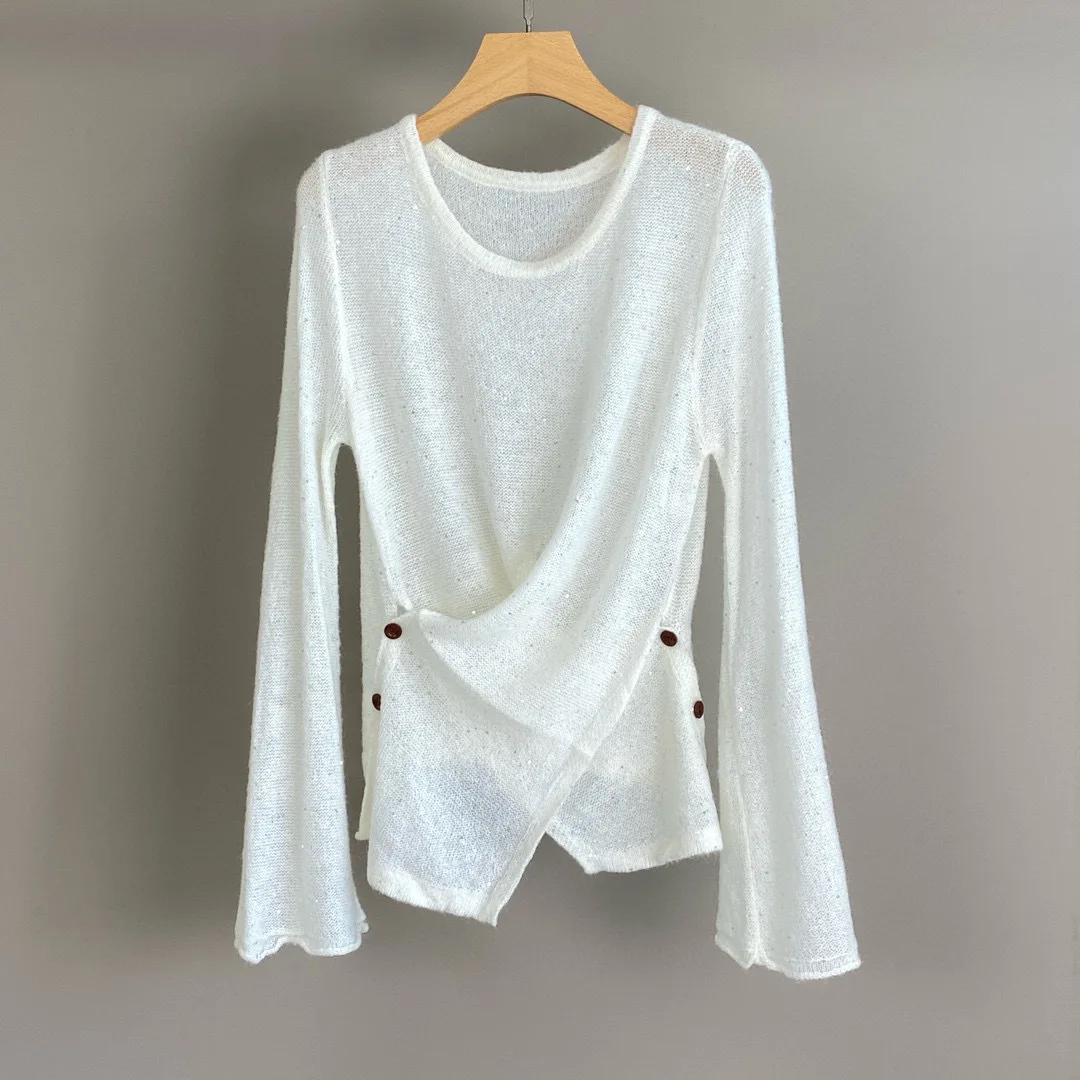 

2025 Autumn And Winter New Round Neck Pullover Slim Wool Design Side Buckle Knitted Sweater Long Sleeve Sweater