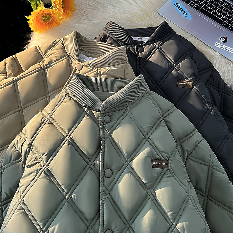 

Мужская зимняя куртка с ромбовидным узором, утепленная хлопком, теплая, легкая, в американском стиле, бейсбольная, свободного кроя, молодежная, повседневная