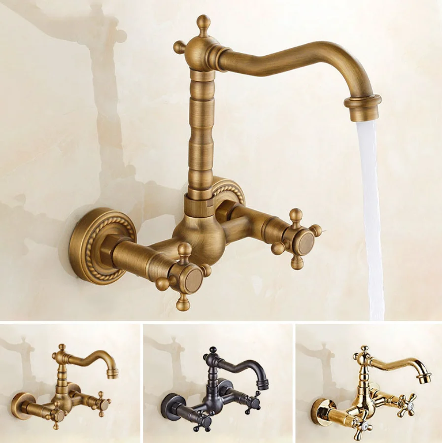 Antique brass cold hot basin faucet wall hanging wall household double handle balcony washbasin faucet