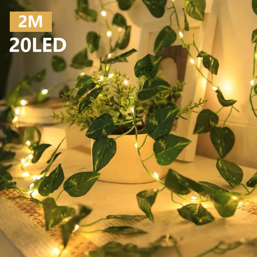 Green Leaf String Lights Artificial Vine Fairy Lights Bateria Powered Árvore de Natal Garland Light para Weeding Home Decor