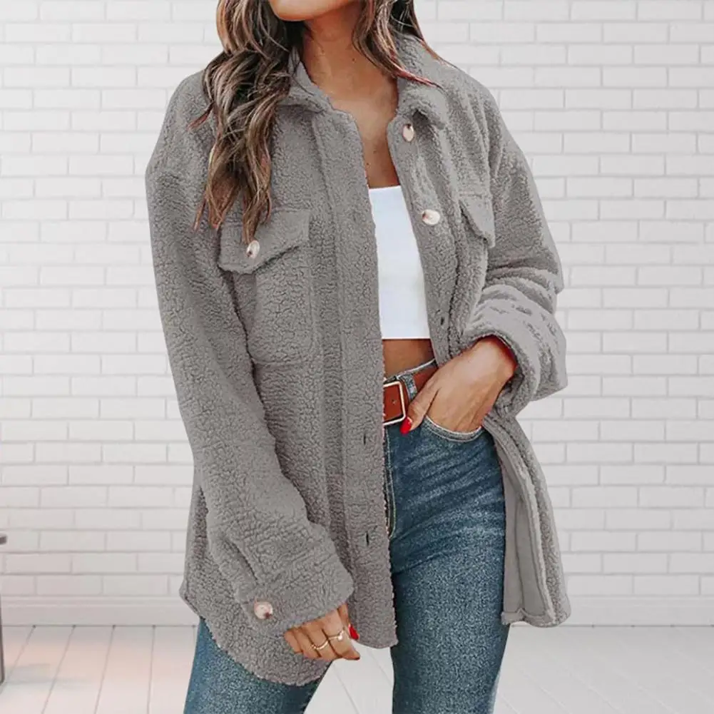 

Women Coat Lapel Mid-Length Warm Autumn Pure Color Loose Cardigan Shirt Shirt Coat Daily Clothing