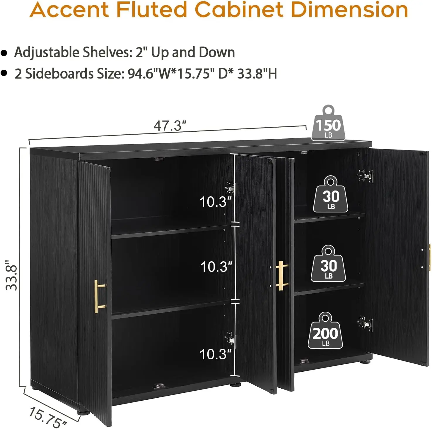 94.6" Black Fluted Sideboard Buffet Cabinet with Storage and 8 Doors, Mordern Credenza Storage Cabinet with Adjustable Shelves, image 2