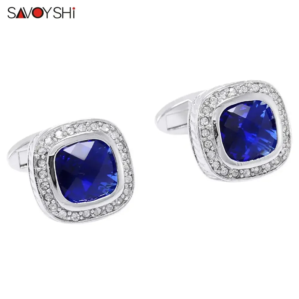 SAVOYSHI Luxury Square Crystals Cufflinks for Mens French Shirt High Quality Blue Cuff links Wedding Grooms Gift Man Jewelry