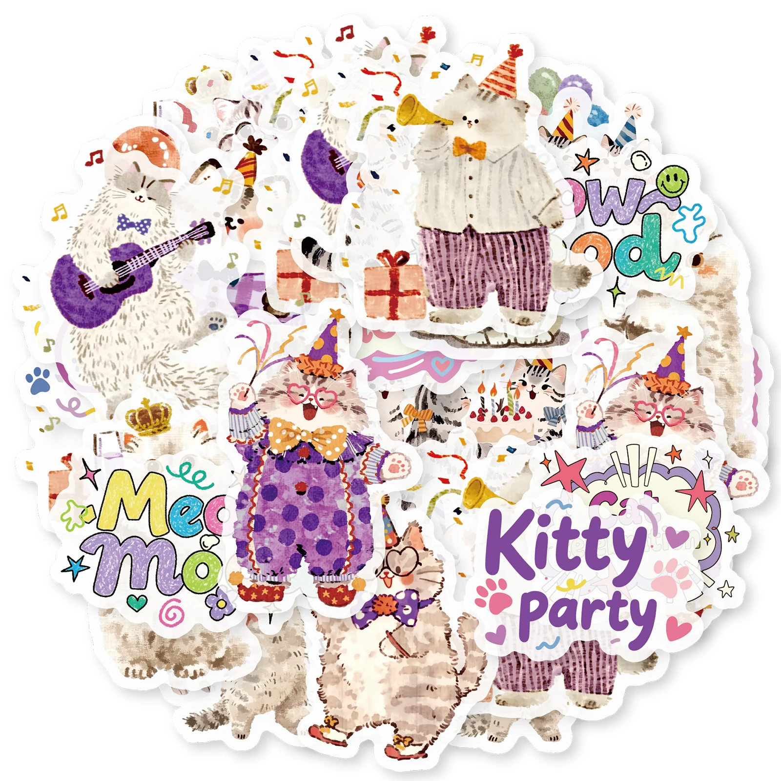 Etori Life 15Pcs Party Birthday Cat Watercolor Pet Stickers Celebration Kitten Journal Collage Decoration Materials Suitable for Laptops, Phone Backs, Handbags, Photo Albums, Diaries, Pencil Cases, Pen Holders, Budget Planners, Notepads, Craft Scrapbook Supplies, Office Decoration Accessories, Student Gift Paper Bags, Party Decorations, Back-To-School Season, Cycling Decals
