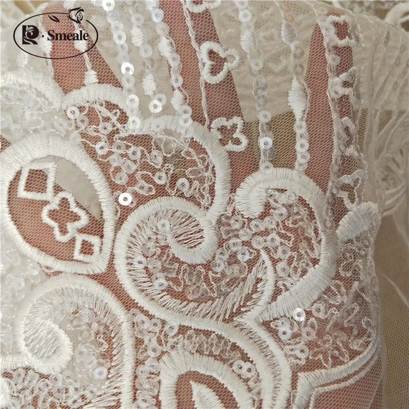 Tessuto di pizzo con paillettes a righe, ricamo di bordo, abito da sposa floreale, accessori per cucire fai da te