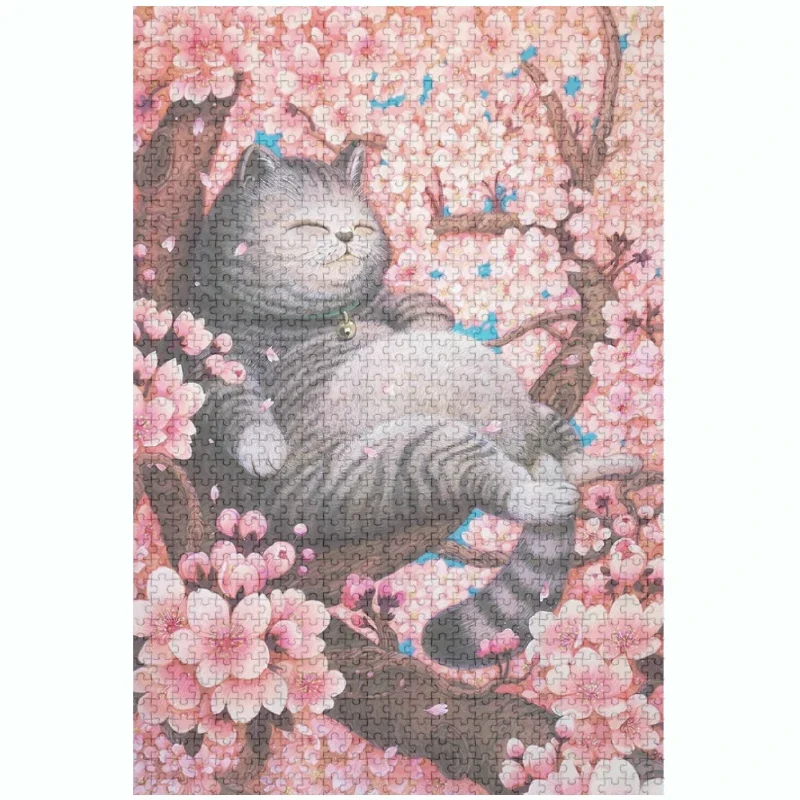 38*26cm Adults 1000 Pieces Paper Jigsaw Puzzles Cherry Blossom&Cat Cute Animals Paintings Stress Reducing Toys Christmas Gifts