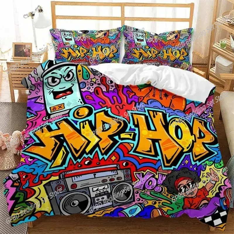Graffiti Duvet Cover Hip Hop Street Culture Print Bedding Set Microfiber Colorful Overlapping Blocky Letters Art Comforter Cover