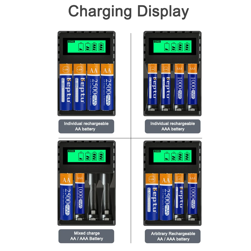 Keptu بطارية قابلة للشحن مع شاحن سريع وشاحن lcd ، aa ، 1.2 فولت ، nimh ، 2500mah