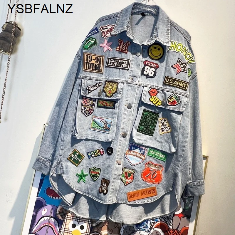 Patches Patchwork Irregular Jacket Spring Autumn Long Sleeve Denim Coat BF Design Loose Jeans Cardigan Letter Labeling