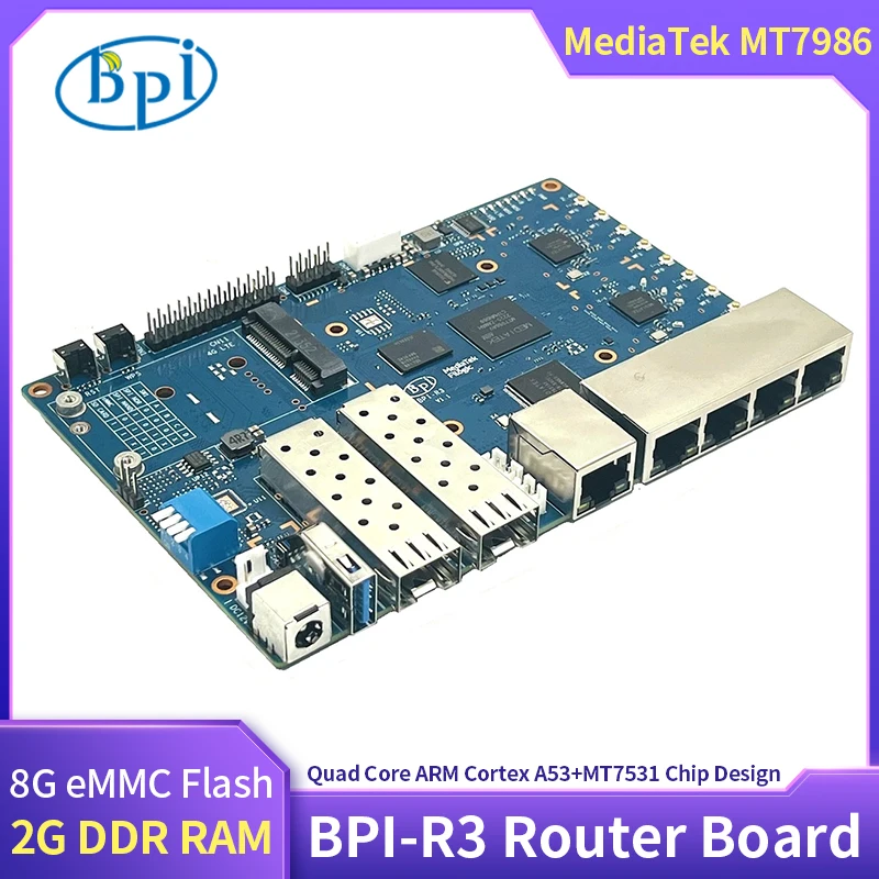 

Banana Pi BPI R3 Router Board MediaTek MT7986 Quad Core ARM A53 + MT7531A Chip 2G DDR RAM 8G eMMC Flash Support Wi-Fi 6/6E