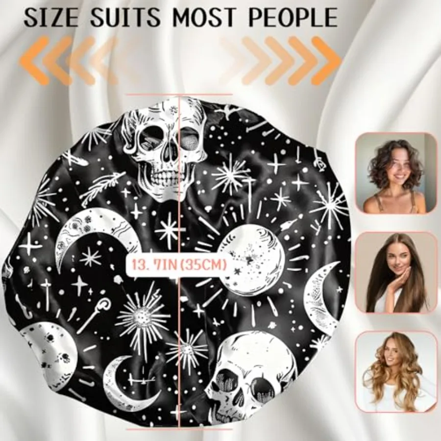 Luxury Shower Cap Reusable Terry Cloth Lined EVA Triple Waterproof Layer Elastic Hair Bath Caps for Women Girls Cute-Skull