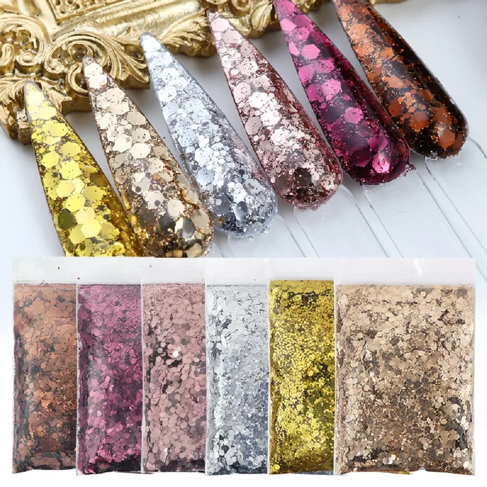 50g/bag Metallic Color Bulk Mixed Hexagon Nail Glitter Shiny Sequin Chunky Glitter DIY Manicure Decoration for Nail Art Supplies