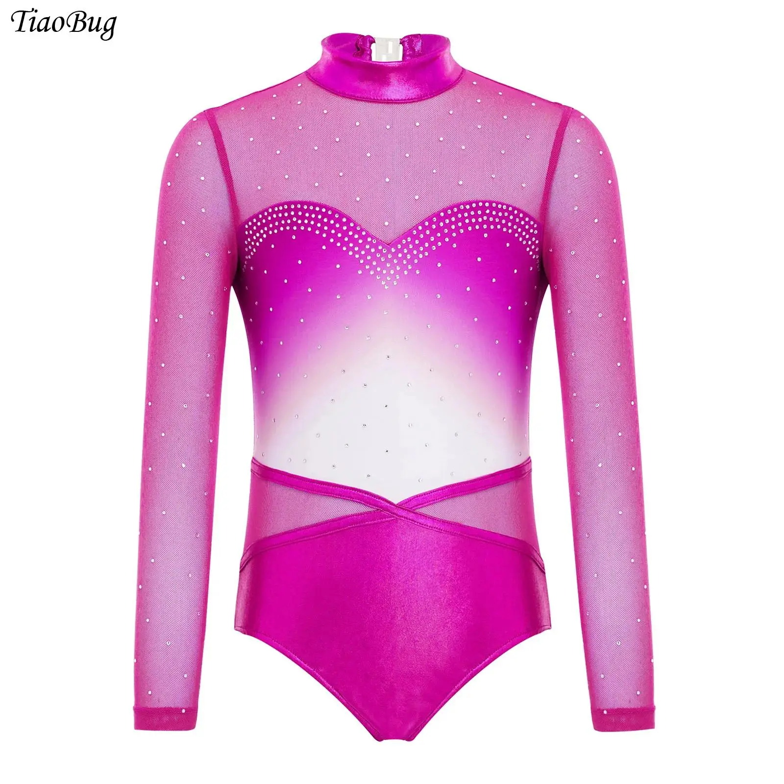 

Детский гимнастический купальник для девочек с длинным рукавом, стразами, градиентным цветом, сетчатыми вставками и пэчворком, для балета и танцев
