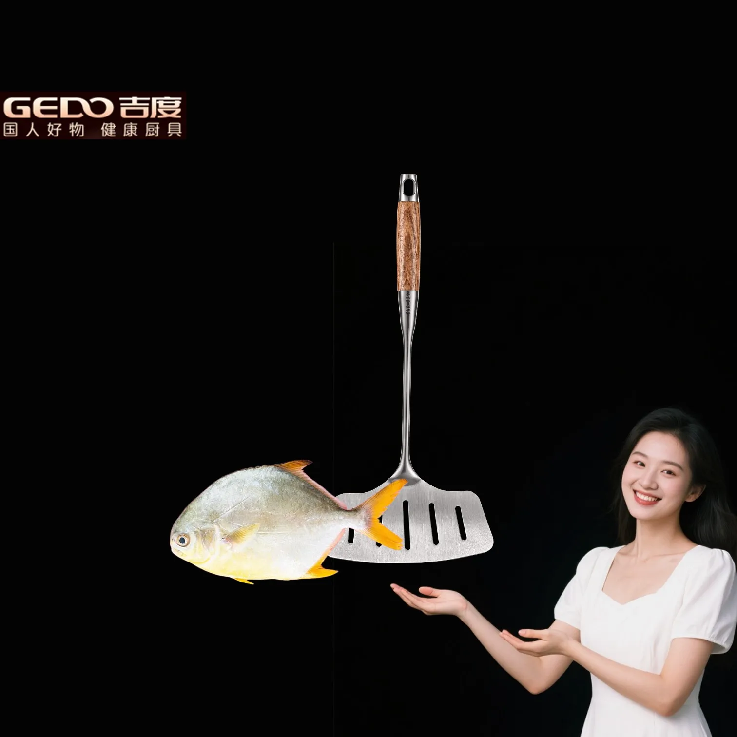 

GEDO Kitchen Fish Turner Solid Wood Handle Well Polished Spatula with Drainage Holes Leakage Design Shovel for Family Cookware