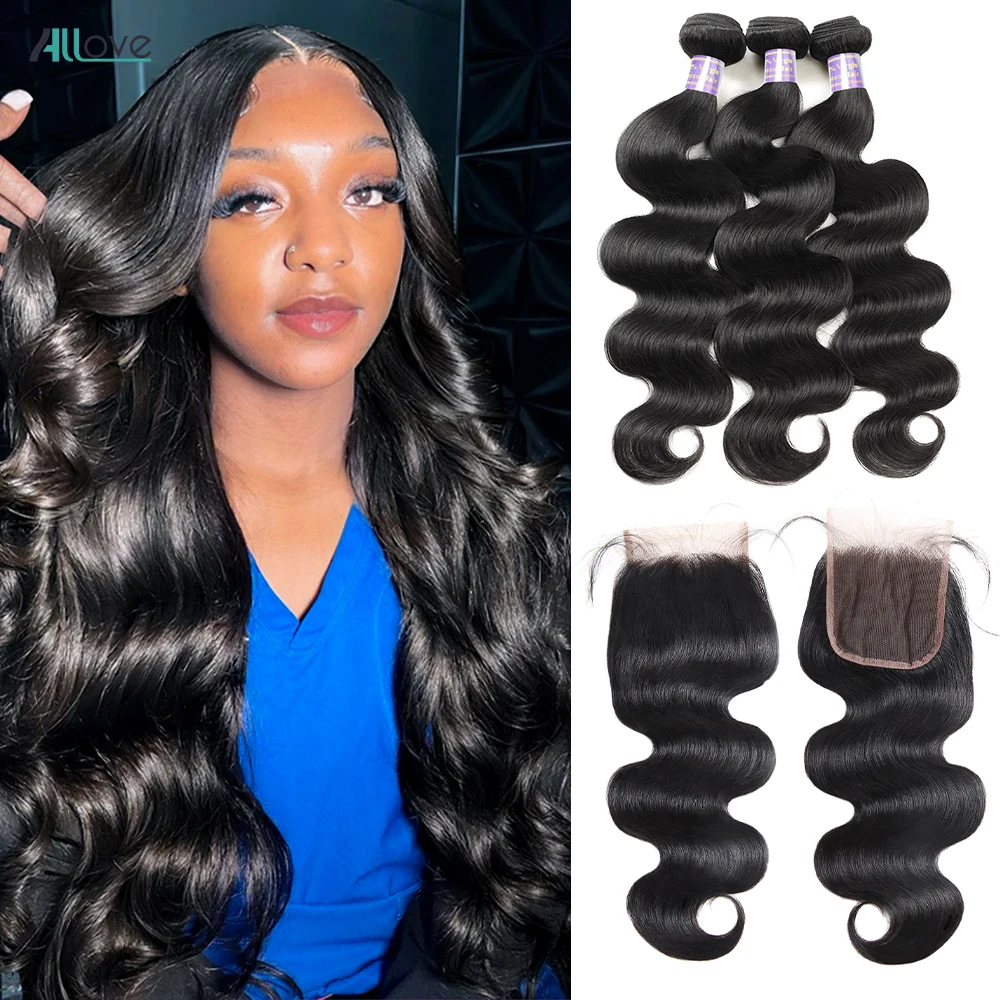 Allove Body Wave Bundles With Closure Brazilian Hair Weave Bundles 4x4 Lace Closure With 3 Bundles Remy Human Hair Extensions