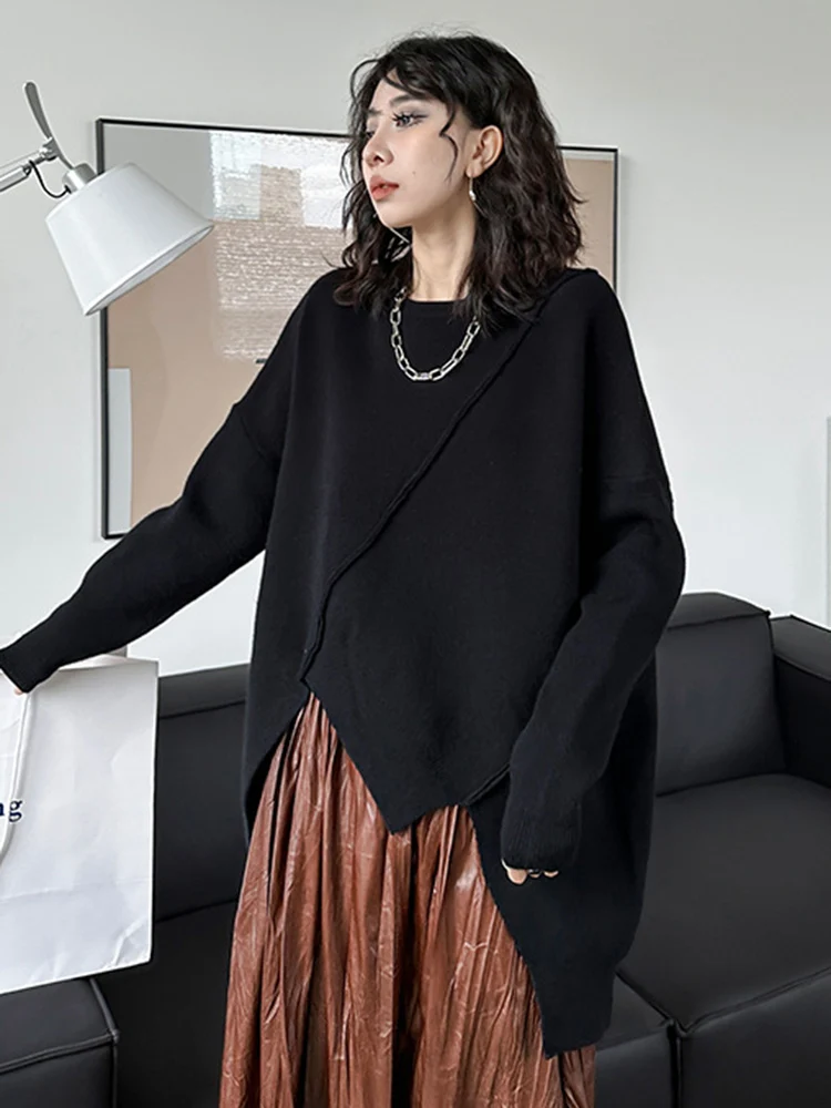 EAM Gray Irregular Big Size Knitting Sweater Round Neck Long Sleeve Women Pullovers New Fashion Spring Autumn 2024 1DH7057