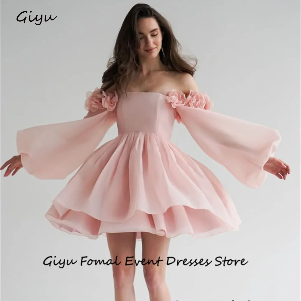 

Giyu Fairy Pink 3D Followers Prom Dress Strapless Mini-length Above The Knee Draped Birthday Party Dress Summer Dress