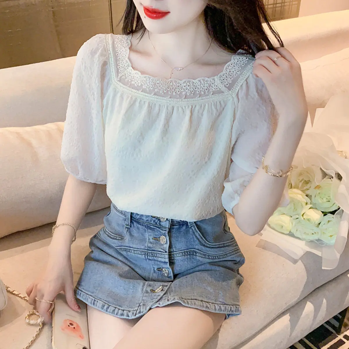 Thin Summer Solid Puff Sleeve Shirring Casual Korean Blouses Tops Square Collar Pullovers Patchwork Loose Sweet Women's Clothing