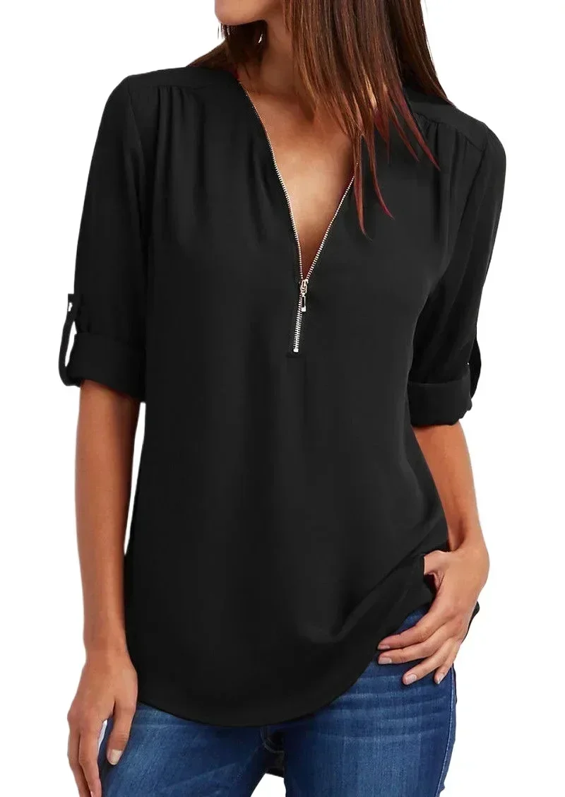 Verão feminino legal camisa solta decote em v profundo chiffon blusa casual senhoras topos sexy zíper pulôver plus size manga longa moda