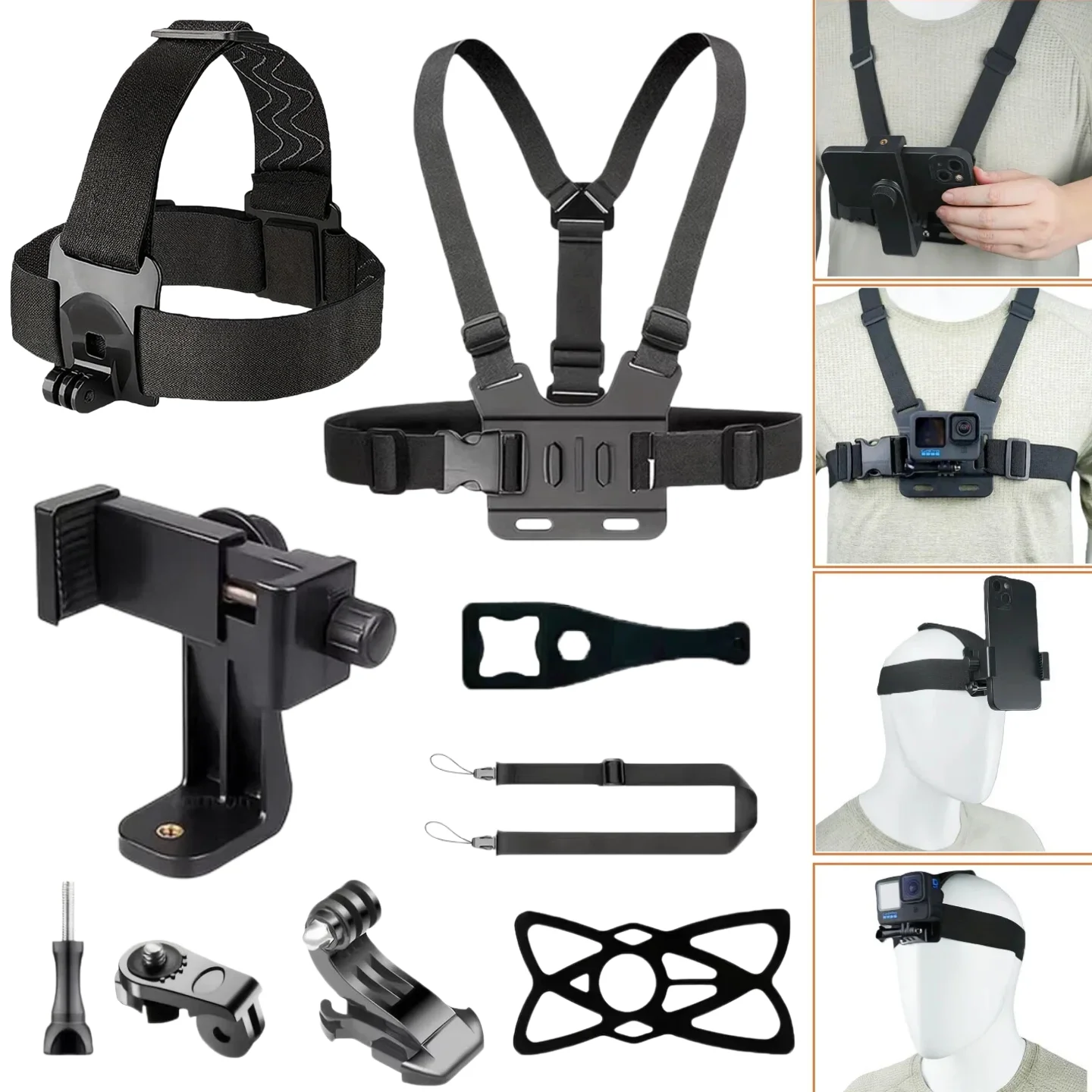 Suporte ajustável para cabeça e peito para filmagens com celulares e câmeras de ação, compatível com GoPro, DJI e outros.