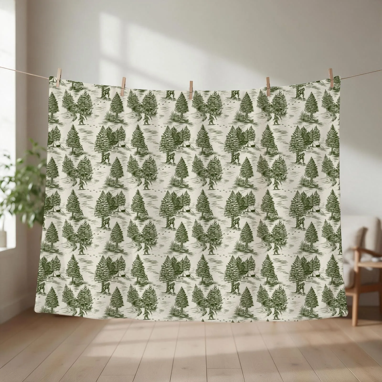 Bigfoot / Sasquatch Toile de Jouy in Forest Green Throw Blanket