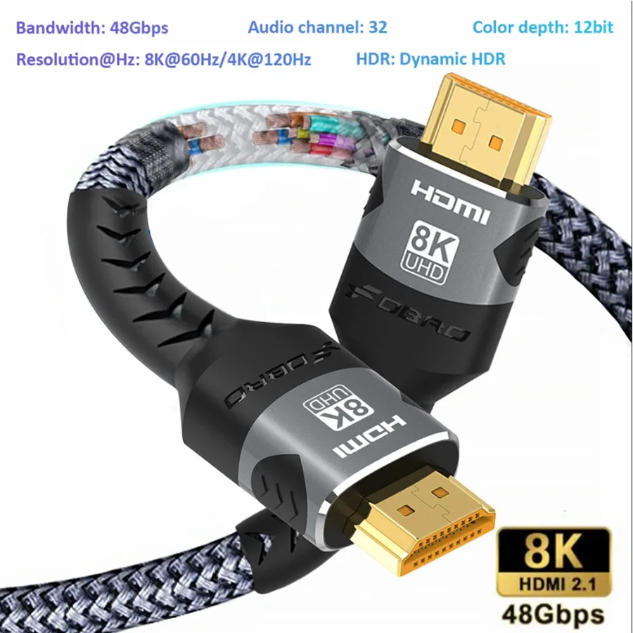 8K HDMI 2.1 Kabel 48Gbps, Hochgeschwindigkeits-HDMI Geflochtenes Kabel-4K@120Hz 8K@60Hz, DTS:X, HDCP 2.2 & 2.3, HDR 10 Kompatibel mit Roku TV/PS5