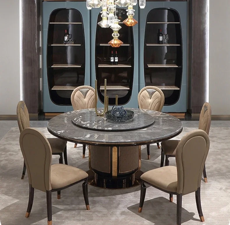 Light luxury stone dining table Italian home high-end sense rock slab with turntable modern simple dining table and chairs