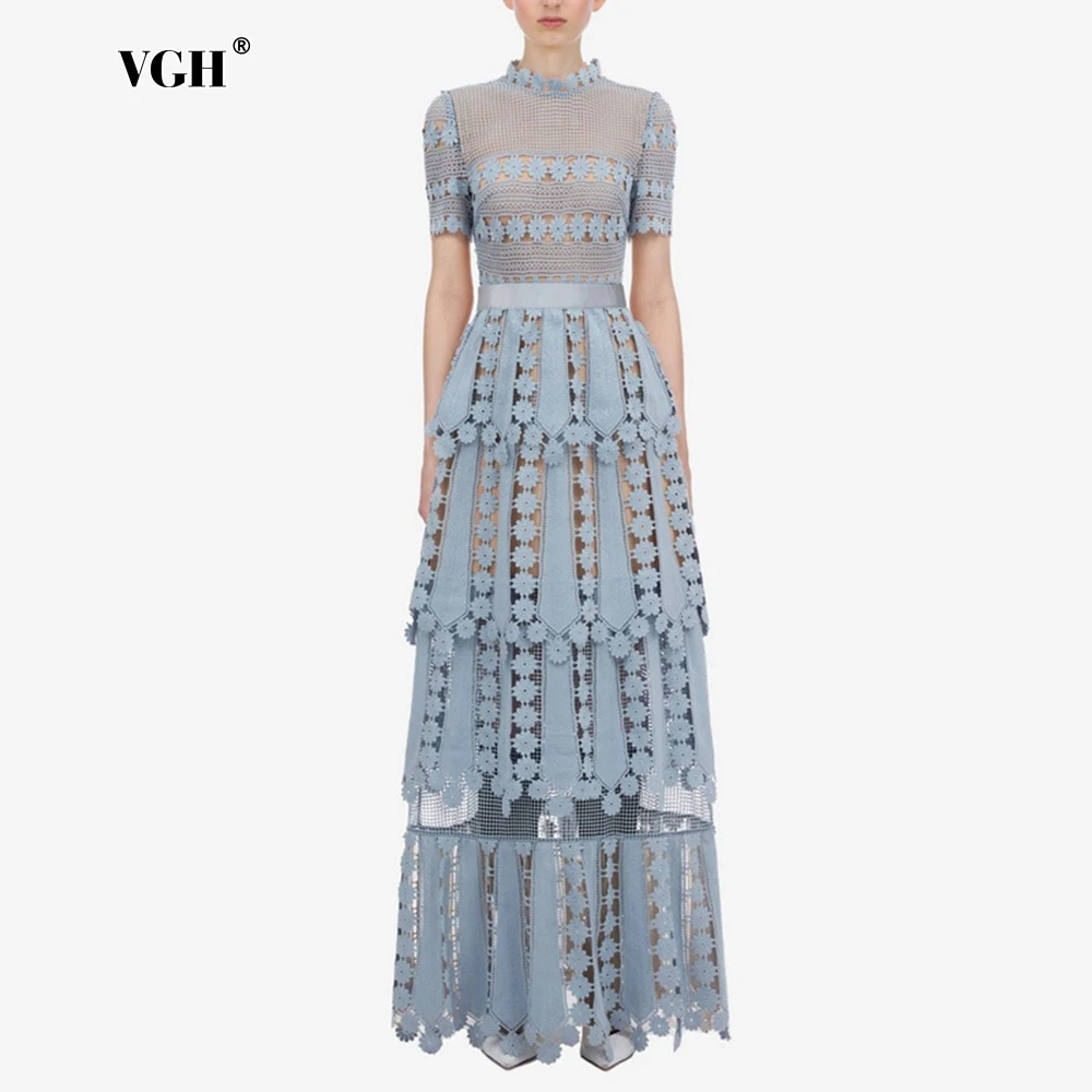 

VGH Backless Lace Cutout Dress For Women Stand Collar Short Sleeve Slim Sexy Temperament Blue Color Evening Dresses Female Style