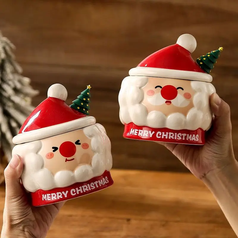 New Relief Santa Claus Mug with Lid Spoon for Home Use Cute Ceramic Cups Kawaii Festival Souvenirs Couple'S Cup Top-Grade Gifts