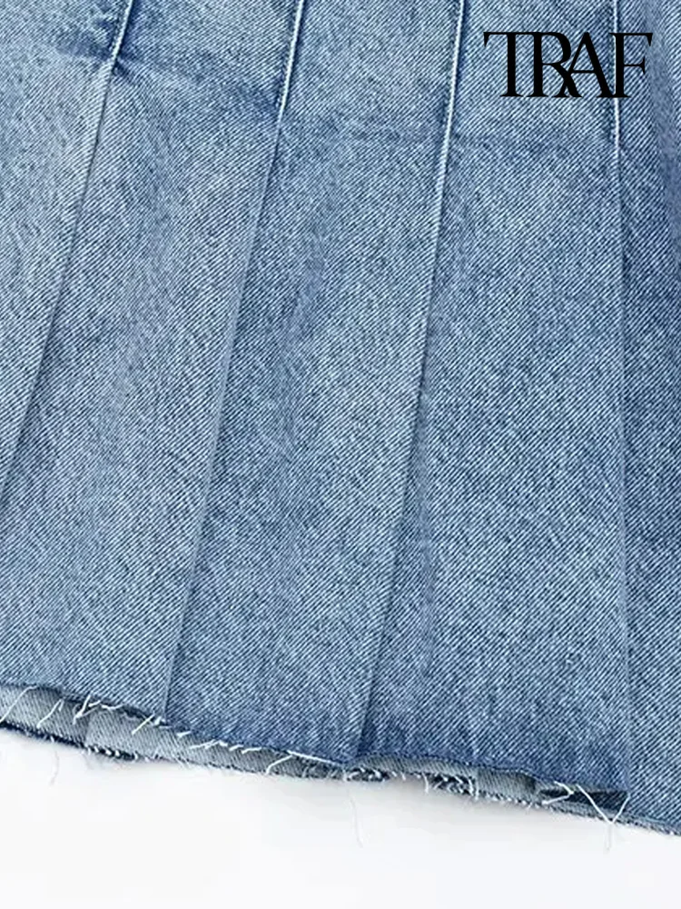 TRAF Women Fashion Wide Pleated Denim Mini Skirt Vintage High Waist Side Zipper Female Skirts Mujer