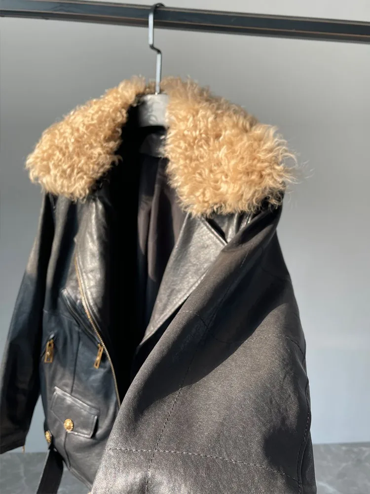 Punk Women Genuine Leather Jacket Zipper Removable Wool Collar Fashion Real Sheepskin Coat High Street Motorcycle Jackets Female