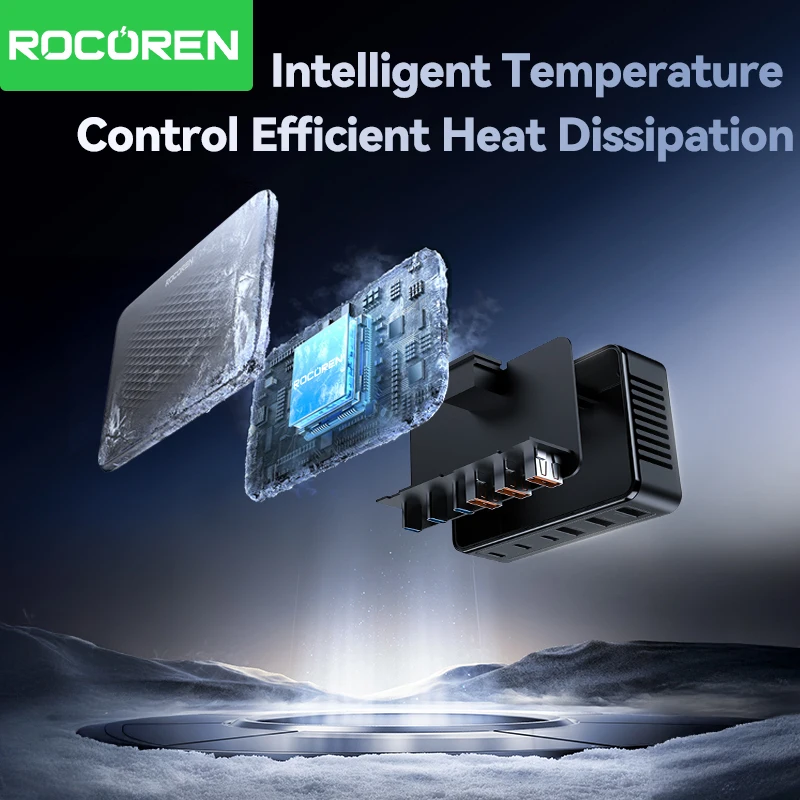 ที่ชาร์จ Rocoren USB 100W GaN ชาร์จเร็ว 6 พอร์ต แบบตั้งโต๊ะ ชาร์จเร็วแบบ Type C  สถานีพลังงานแบบพกพา สำหรับ iPhone 17 16 Xiaomi