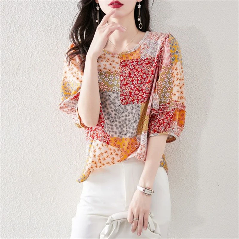 Summer Women\'s Clothing Korean Fashion Print Ruffle Elegant Sweet Blouse Casual Half Sleeve Loose Shirt Chic Chiffon Tops Blusas