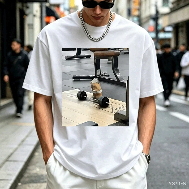 Fun Hamster Weightlifting Training T-shirt for Women's Men's Casual Y2k Short-sleeved T-shirts Streetwear Loose Cotton Tee Tops