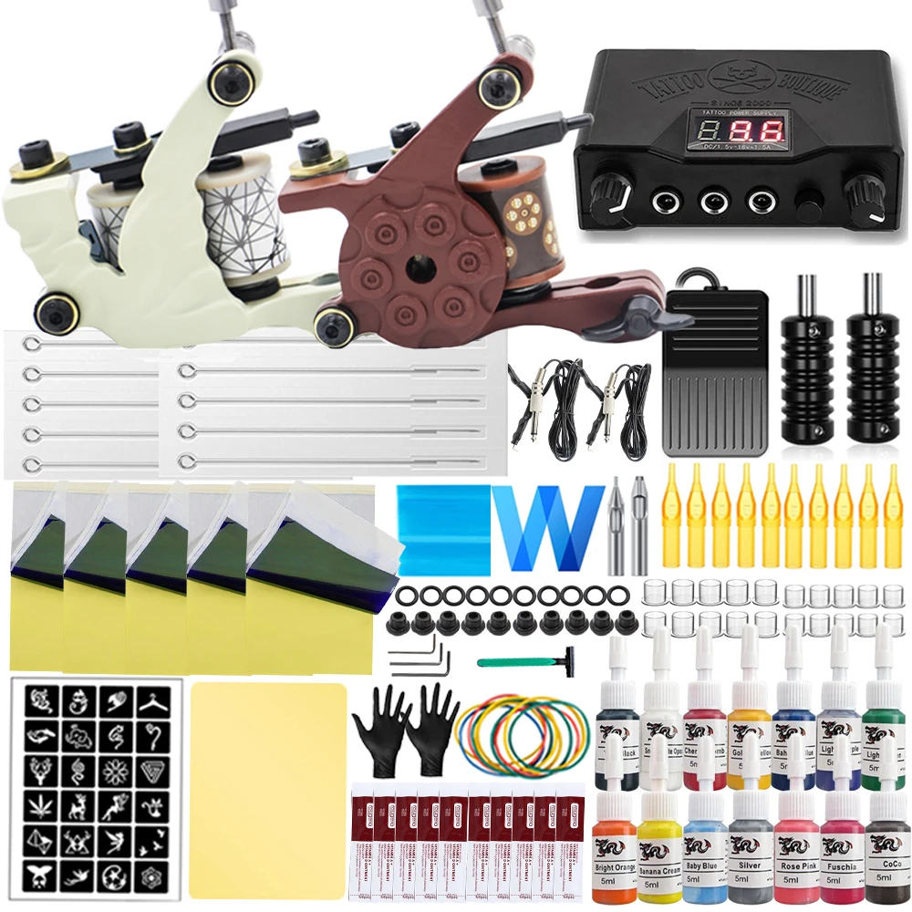 Coils Tattoo Machines Kit Power Supply Needles Ink Grips Set for Body Art Tools Set Permanent Makeup Tattoo Beginner Kit