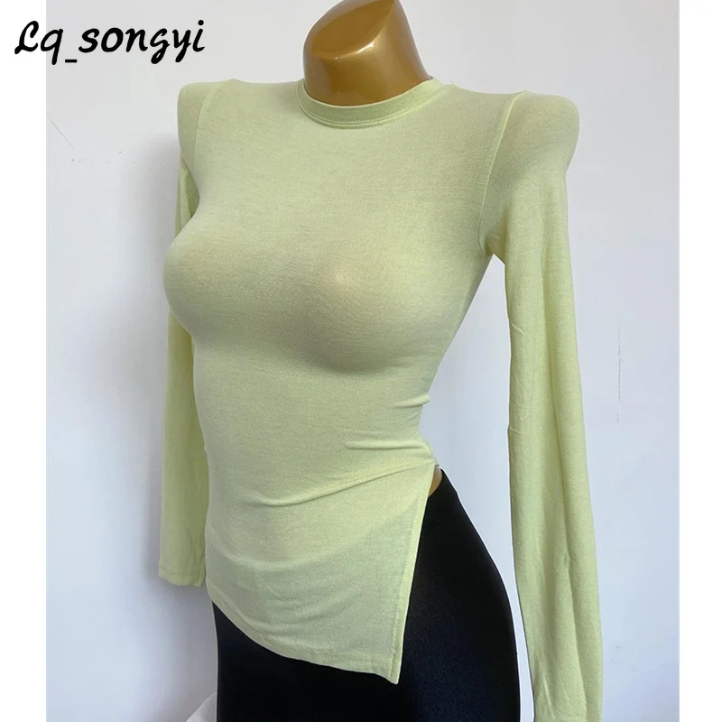 

Lq_songyi Spring O Neck Thin T Shirts Women High Strech See-through Top Solid Basic Irregular Hem Tops Long Sleeve Slim T Shirts