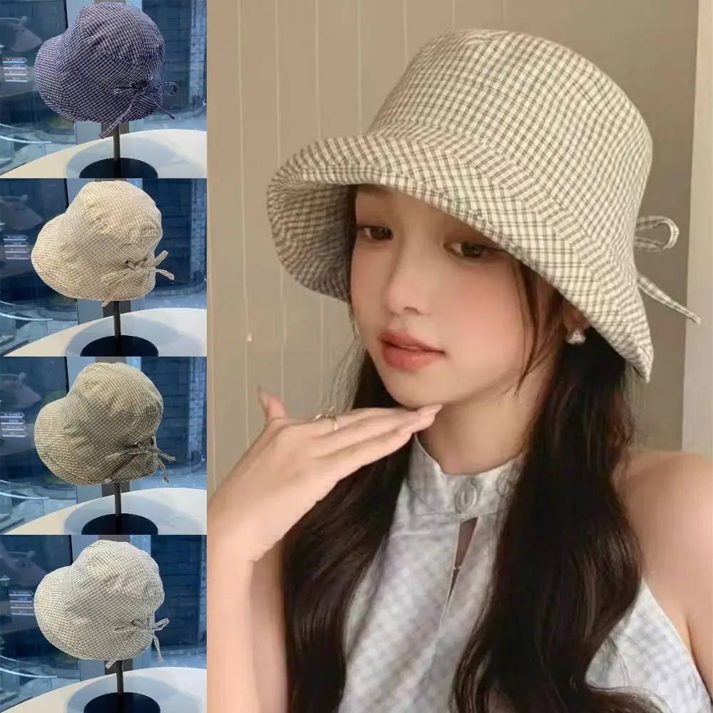 

Foldable Wide Brim Bucket Hats Summer Sunshade Plaid Design Plaid Bucket Hats Korean Style Wide Brim Basin Caps For Women