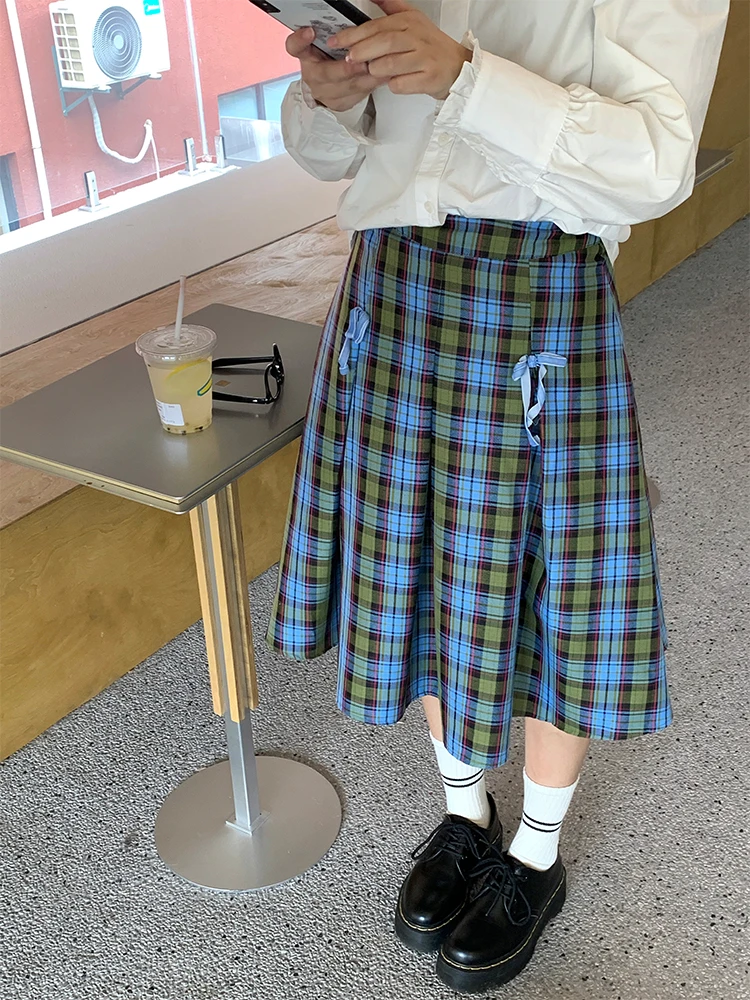 

NIDEBLA Korean Sle Plaid A-Line Skirt High Waist Long Midi Skirt Girls Vintage i Pleated Slimming f-length Skirt