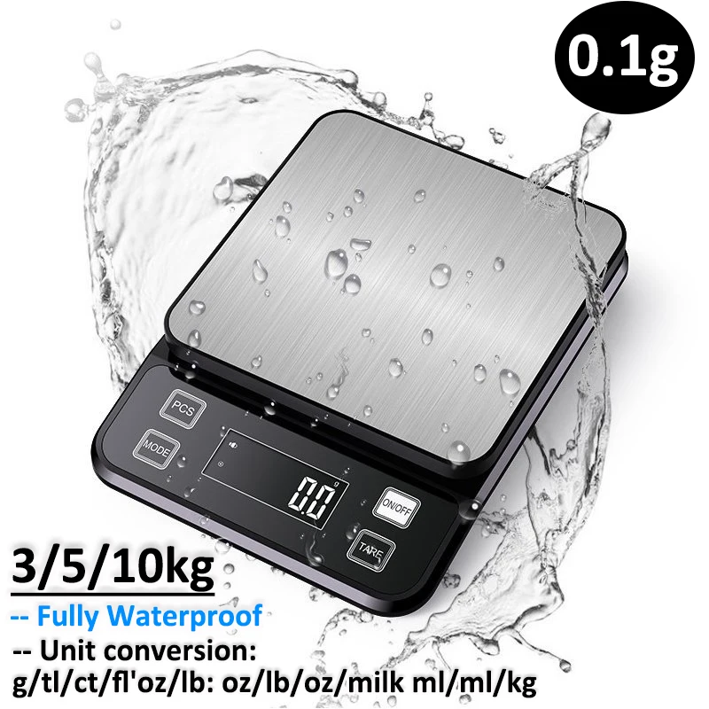 

3/5/10kg 0.1g Digital Electronic Kitchen Scale LCD Display Fully Waterproof Stainless Steel Measuring Weighing Baking Tool