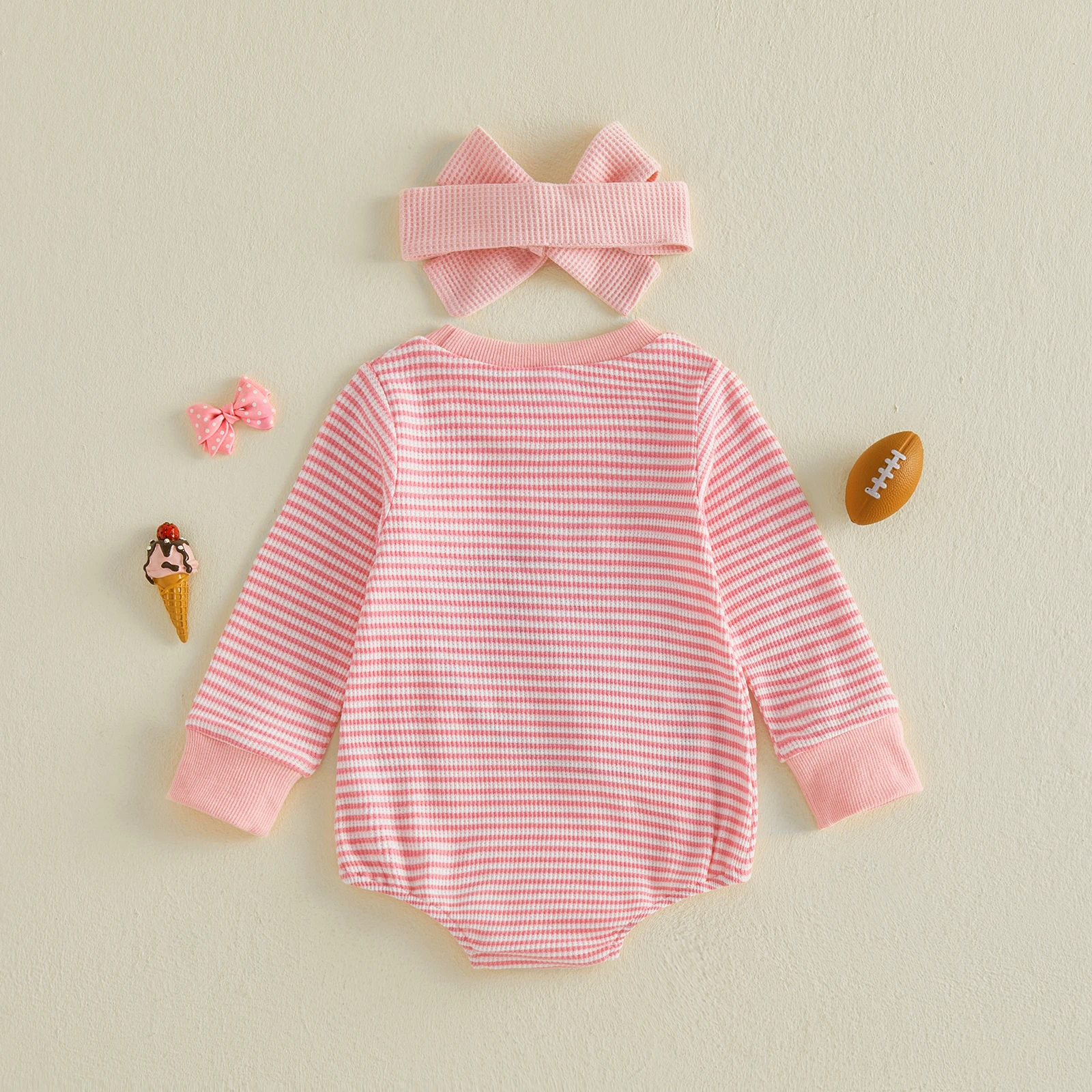 Baby Girl Fall Bodysuits Outfit Striped Bow Football Embroidered Long Sleeve Waffled Sweatshirt Romper Headband 2 Piece Set