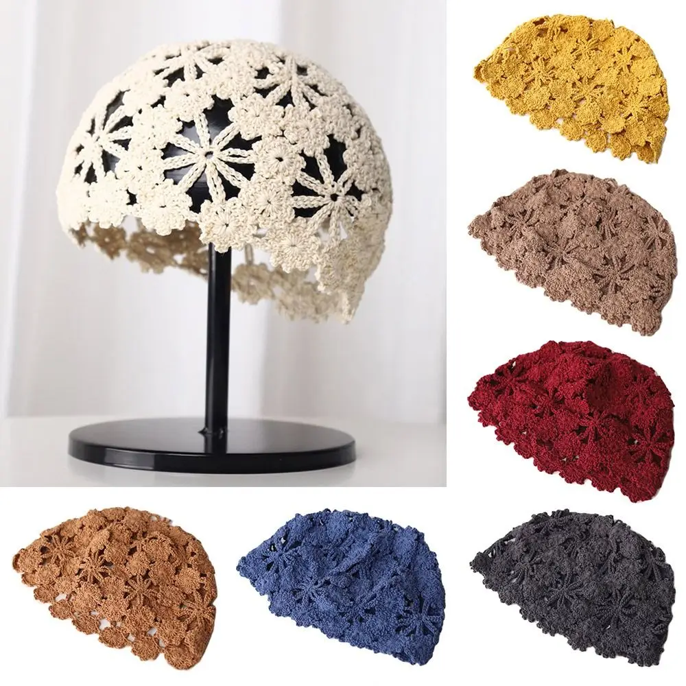 

Breathable Hollowed Out Knitted Hat Flowers Summer Skullies Hat Casual Fashion Beret Cap for Women