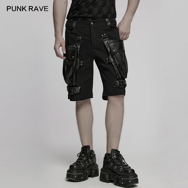 PUNK RAVE Men's Punk Twill Woven Wrinkled Faux Leather Shorts 3D Oversized Pockets Visual Impact Cool Casual Trousers