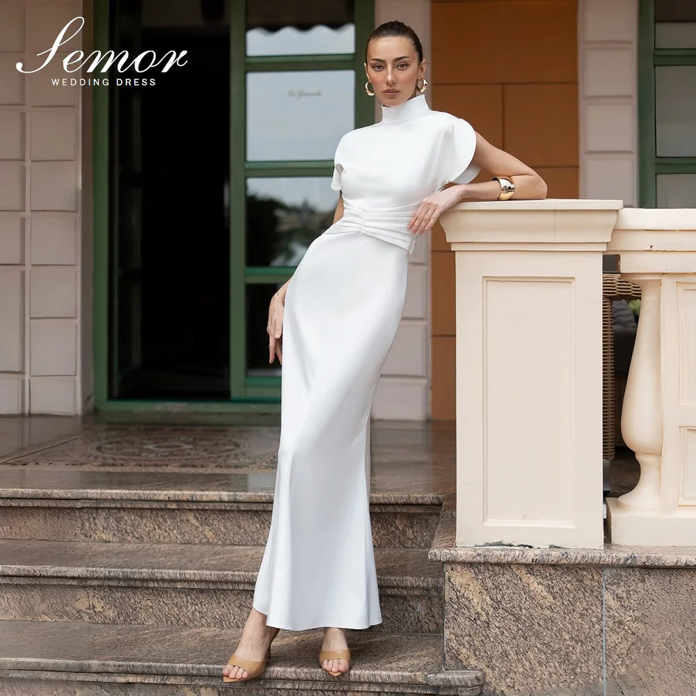 Semor Stain White High Neck Wedding Dress Waist Ruched Ankle-Length Elegant Party Dress Women's Formal Evening Gown Customized
