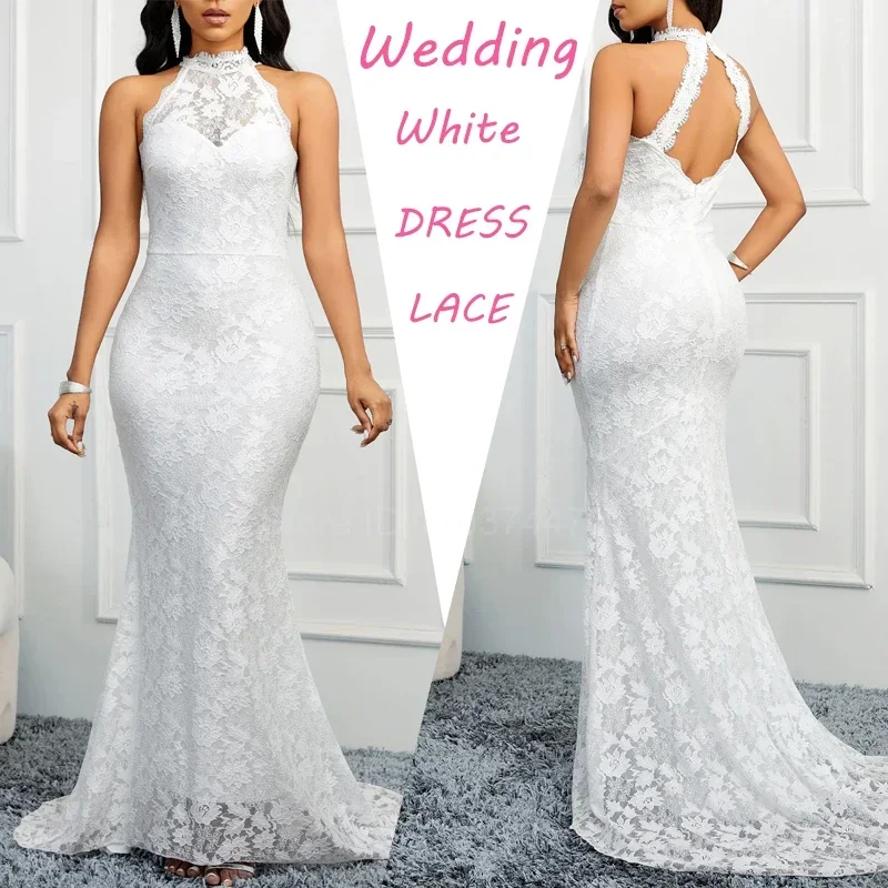 Abito lungo da donna in pizzo bianco elegante o-collo senza maniche abito da sera per feste senza schienale autunno più nuovo abito da damigella d'onore con fianchi a vita alta