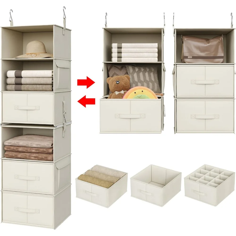 6-Shelf Hanging Closet Organizer, 2 Separable 3-Shelf Shelves with 3 Drawers for Wardrobe, Nursery，Beige