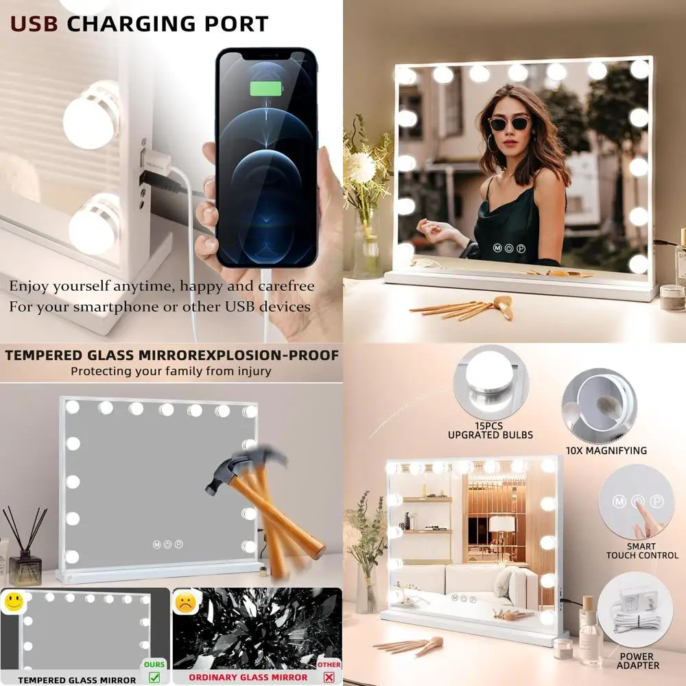 Косметическое зеркало со светодиодной подсветкой 22,8x18,1, 15 лампочек с регулируемой яркостью, 3 цветовыми режимами, голливудский стиль, зарядка через USB, увеличительное зеркало 10X