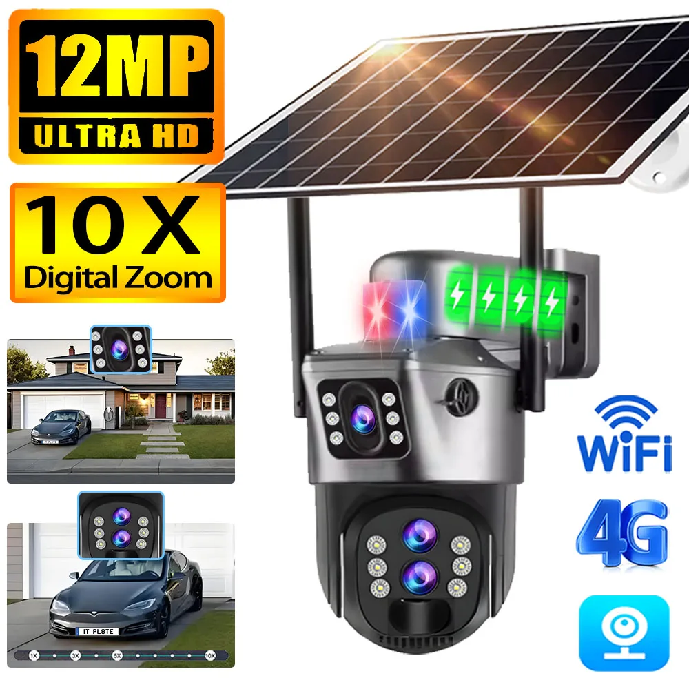 Słoneczna zewnętrzna kamera monitorująca 4G Sim 6K 12MP Trzy obiektywy 10 Zoom cyfrowy Bezprzewodowe kamery Cctv PTZ IP66 Bezpieczeństwo Kamery panelowe słoneczne