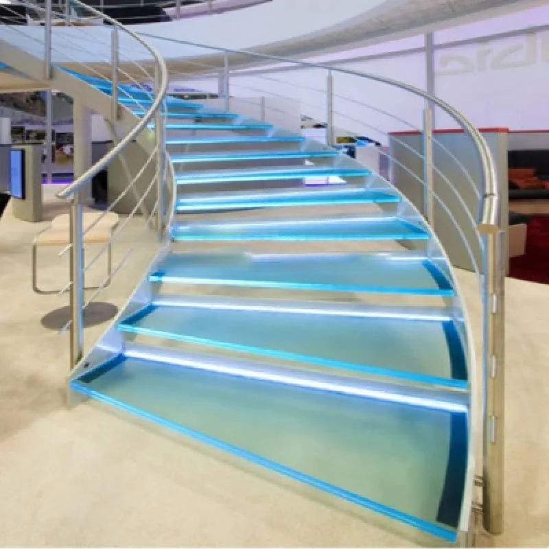 custom.Modern Revolving Stair Design Top Quality Tempered Glass Steps Curved Stairs with Curved Glass Handrail