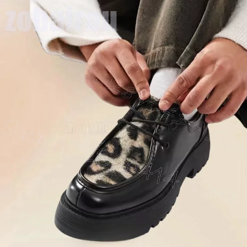 

Fur Leopard Print Black Leather Platform Strappy Loafers Fashion Lace Up Men Shoes Luxury Handmade Party Dating Men Casual Shoes